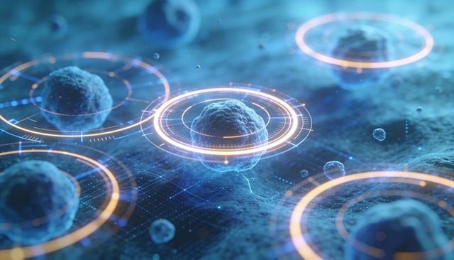 Futuristic cell targeting with holographic rings and data overlay on digital microscopy