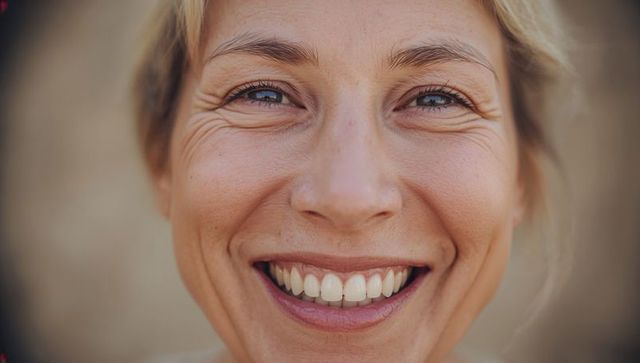 Close-up smiling light-haired woman showing teeth and crow's feet, genuine joyful portrait