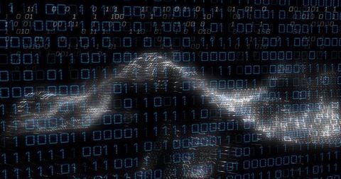 Glowing binary wave forming neon digital mesh and data ripple across dark cyber grid