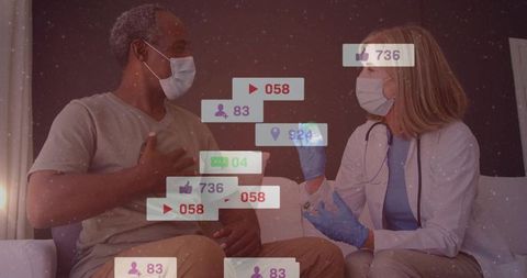 Senior man clutching chest while clinician wearing mask and gloves preparing injection with overlays