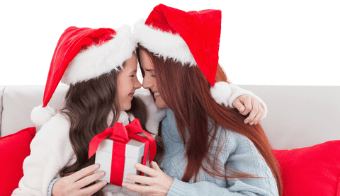 Happy Mother and Daughter with Gift in Santa Hats on Transparent Background