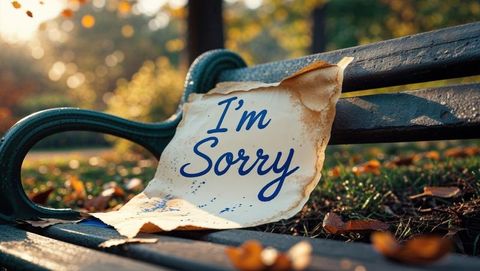 I'm sorry message on vintage parchment on park bench, forgiveness concept