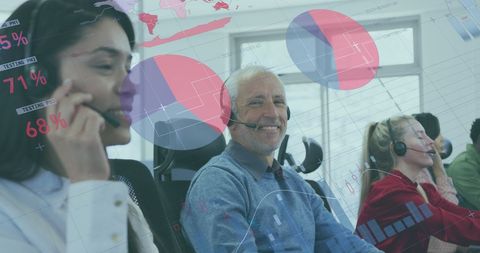 Diverse call center team engaging with financial data analysis