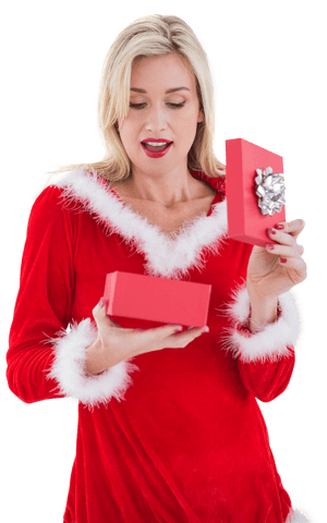 Blonde Woman in Santa Costume Opening Transparent Gift Box