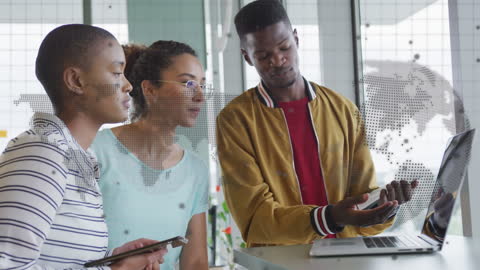 Diverse Team Presenting with Digital World Map Background