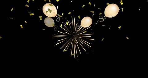 Celebratory Balloons with Falling Confetti on Black Background