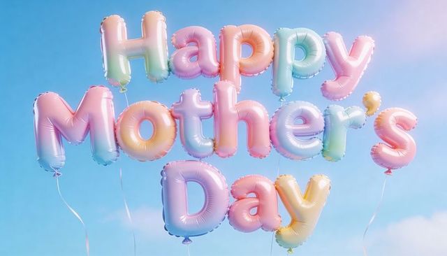 Floating pastel foil letter balloons spelling happy mother's day against blue sky