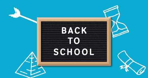 Back to School Sign on Blue Background with Educational Icons