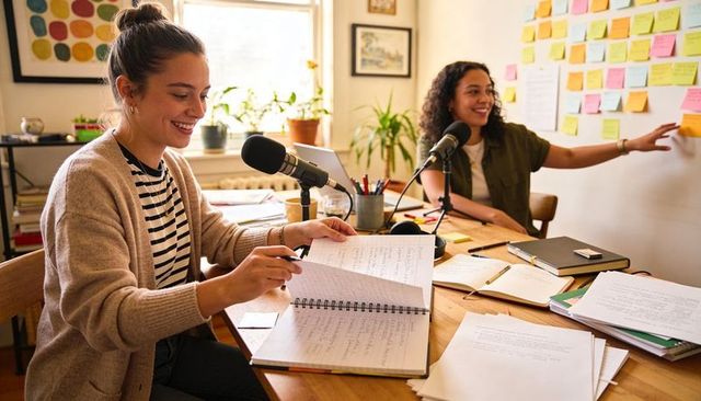 Two women recording podcast in bright home studio collaborating with notes and microphones