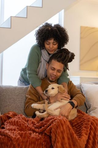Couple cuddling golden retriever puppy on cozy sofa with rust throw in modern living room