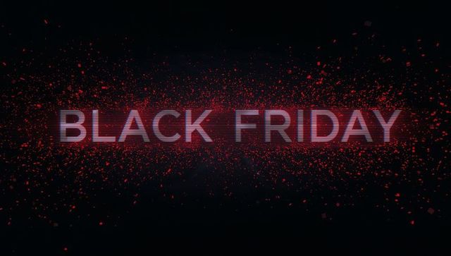Black friday glitch typography with red confetti and neon glow for sales campaign banner