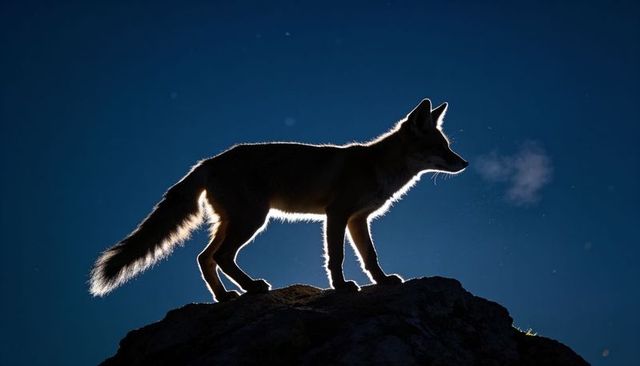 Backlit wild canine silhouette on rocky ridge exhaling vapor under starry night halo