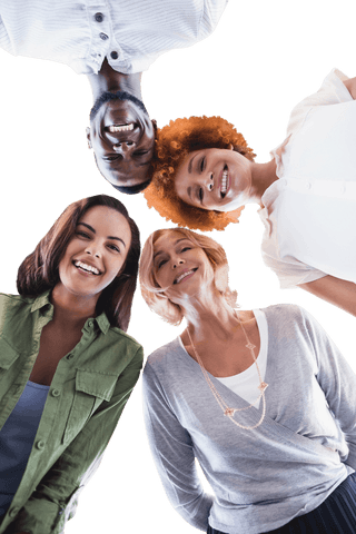 Low Angle View of Smiling Diverse Colleagues with Transparent Background