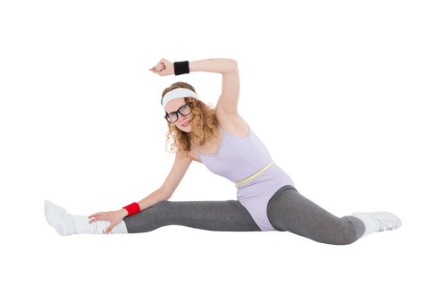 Geeky Woman Stretching on Floor in Retro Workout Outfit Transparent