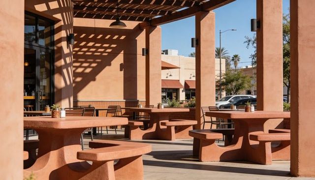 Sunlit terracotta picnic tables and pergola shadows on outdoor cafe patio