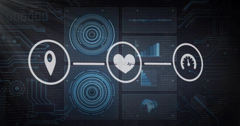 Futuristic Telemetry Dashboard Connecting Location, Heartbeat and Performance Gauges on HUD
