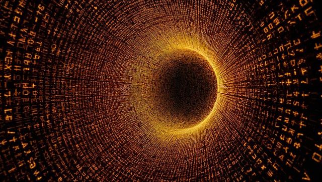 Golden alphanumeric wormhole tunnel with spiraling void, radiant data ring, abstract energy flow