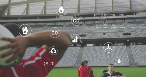 Rugby player passing ball with augmented reality overlay displaying performance metrics