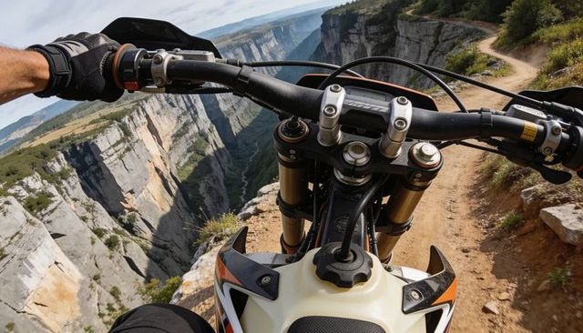 Pov dirt bike riding rim trail overlooking dramatic canyon cliff — off-road adventure