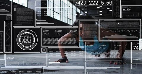 Woman performing low push-up plank with futuristic hud overlay in industrial warehouse