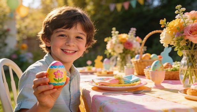 Smiling boy holding hand-painted easter egg at colorful backyard table with flowers