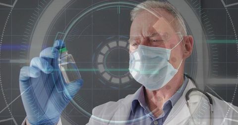 Senior doctor holding vaccine vial examining through futuristic medical hud overlay