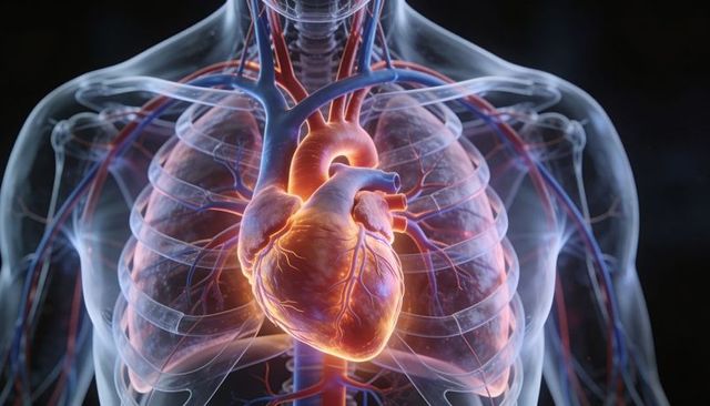 Glowing heart revealing coronary arteries and aortic arch in 3d medical visualization
