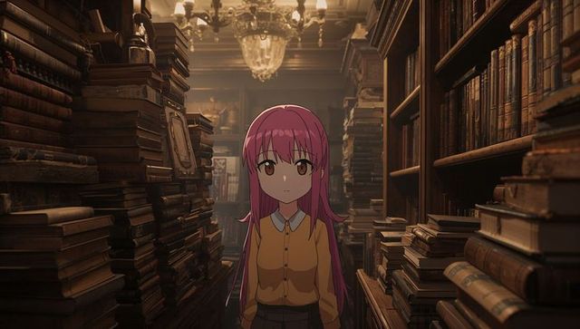 Anime girl in antique library with pink hair and bookstacks