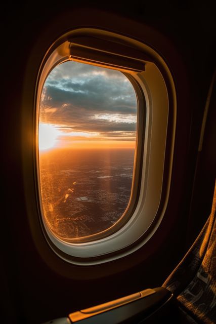 Captures serene airplane view with beautiful sunset during flight. Ideal for travel blogs, airline promotions, aviation articles, tourism websites showcasing mid-flight experiences.