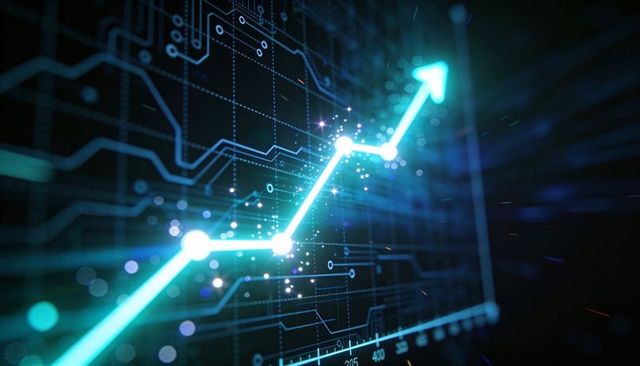 Glowing cyan line graph showing upward growth with neon nodes on futuristic data grid