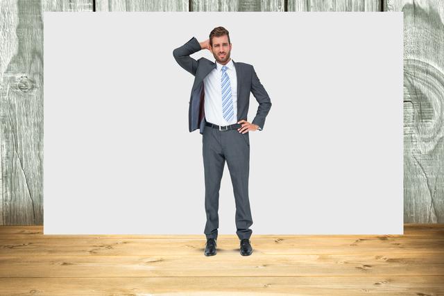 Digital composite of Confused businessman standing against blank sign