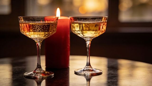 Sparkling champagne coupe glasses toasting beside flickering red candle on reflective table