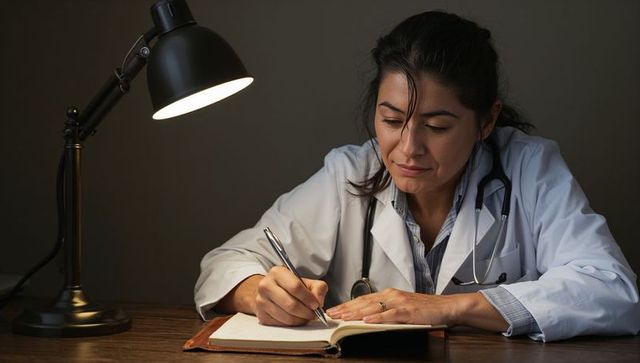 Female physician writing patient notes at wooden desk under warm lamp light night shift