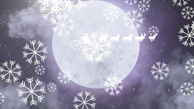 This magical scene captures Santa Claus in his sleigh pulled by reindeer, silhouetted against a glowing full moon. Surrounding the scene are whimsical snowflakes gently descending, enhanced by a beautifully lit night sky. This classic holiday imagery is perfect for festive greetings, Christmas cards, or seasonal advertising promoting holiday cheer and tradition.