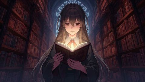 Enchanting Anime Girl with Glowing Book in Gothic Library
