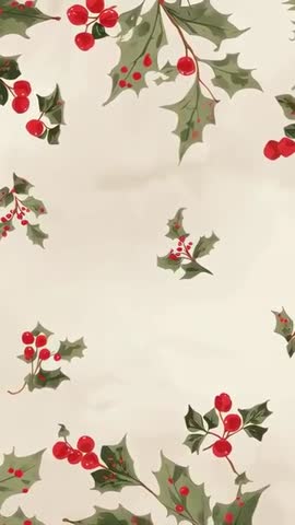 Vertical panning video revealing repeating holly sprig pattern on cream giftwrap with red berries