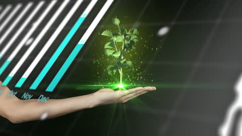 Digital Hand Nurturing Growing Plant Above Data Background