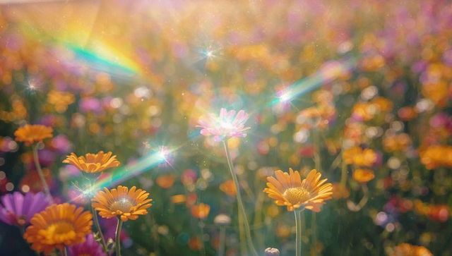 Sunlit Wildflower Meadow with Vibrant Blooms and Lens Flare