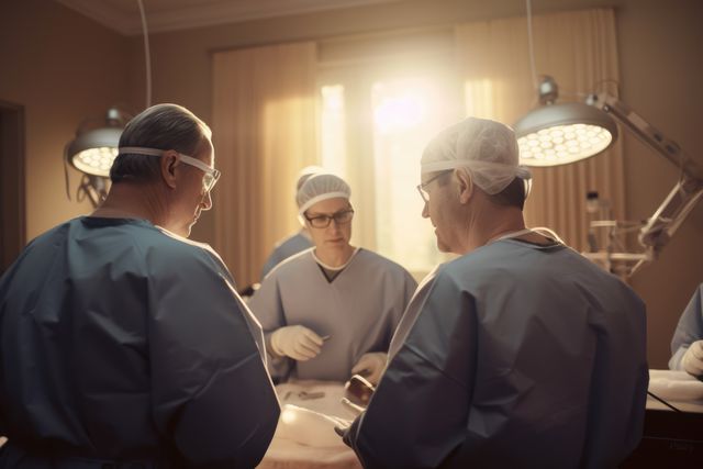 Surgical team performing intricate operation in operating room illuminated by dawn light. Useful for content about medical procedures, healthcare teamwork, surgical precision, and professional healthcare settings.