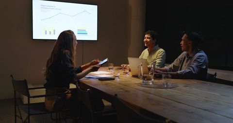Diverse Business Team Analyzing Data in Evening Meeting