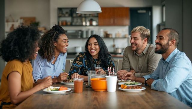 Laughing Friends Dining in Modern Home Kitchen
