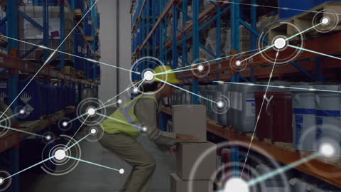 Warehouse Worker Handling Boxes with Digital Connection Overlay