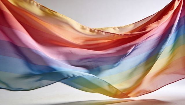 Flowing translucent rainbow scarf billowing with soft folds and pastel gradient light