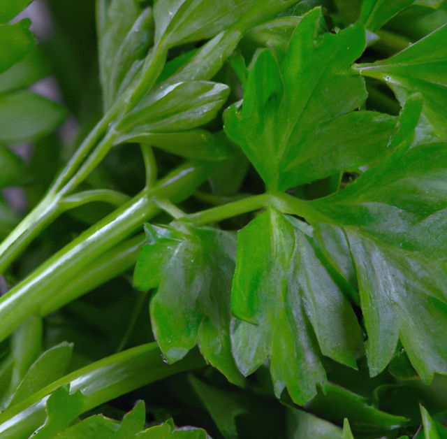 Close up of sprig of green fresh parsley on white background. Food, plant and seasoning concept.