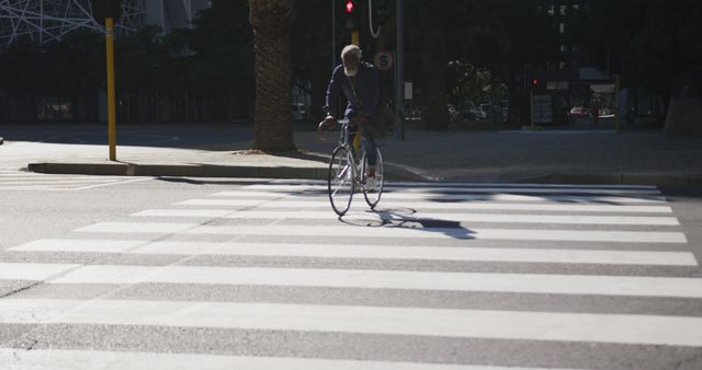 Cyclist crossing urban street at crosswalk under bright sunlight - Download Free Stock Images Pikwizard.com