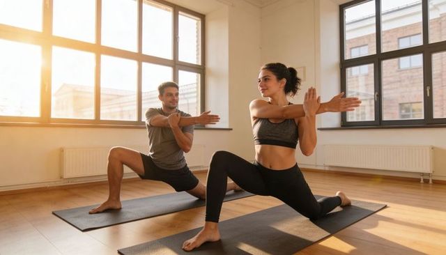 Couple stretching and lunging in sunlit studio practicing partner yoga and mobility exercises