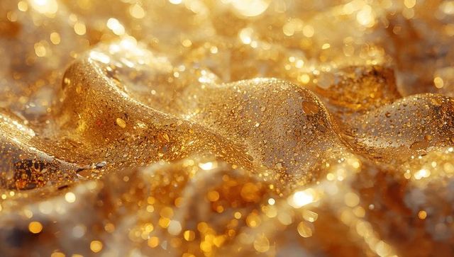 Luxurious golden fluid texture with bokeh lights in macro