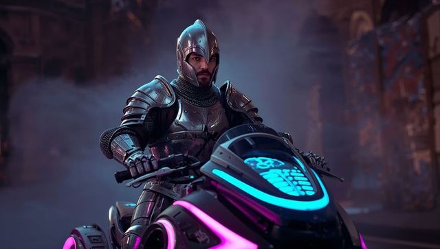 Armored knight riding neon cyberpunk motorcycle through foggy urban alley