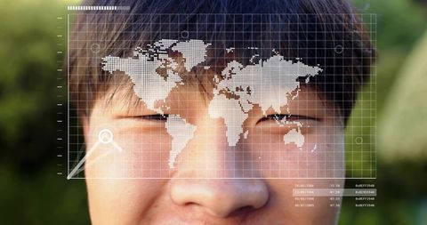 Smiling asian male with world map hud overlay outdoor portrait greenery bokeh