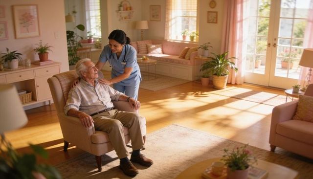 Compassionate caregiver supporting elderly man in sunlit living room, homecare comfort